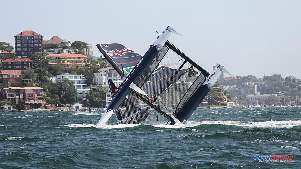 Luckily, all on board were safe - Extreme Sailing Series - Sydney © Beth Morley - Sport Sailing Photography http://www.sportsailingphotography.com